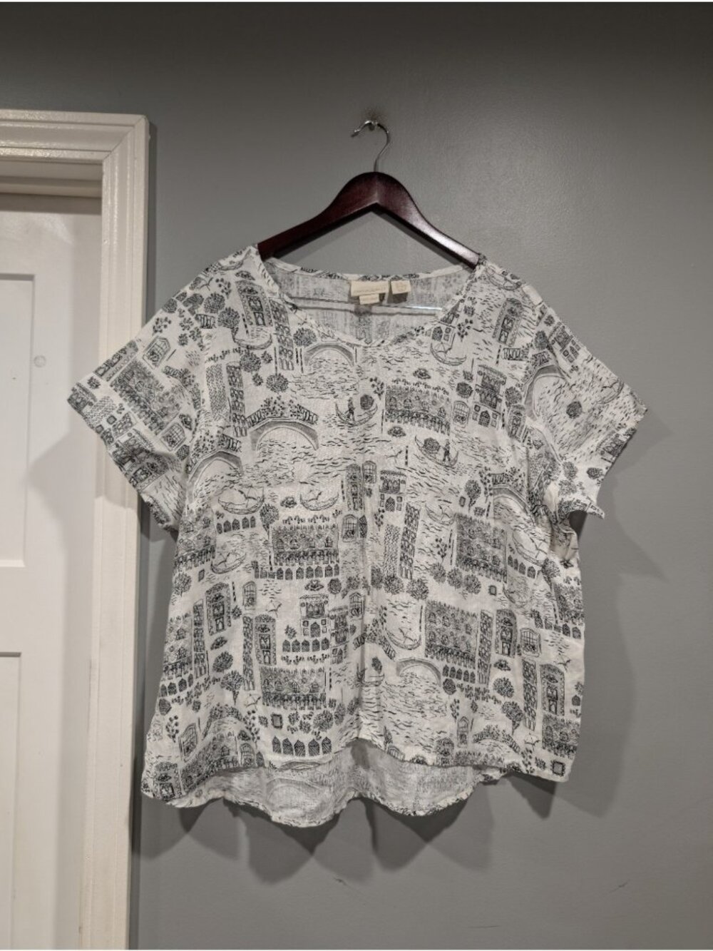 Cynthia Rowley White Black Venetian Printed 100% Linen Top Short Sleeve Sz 2X